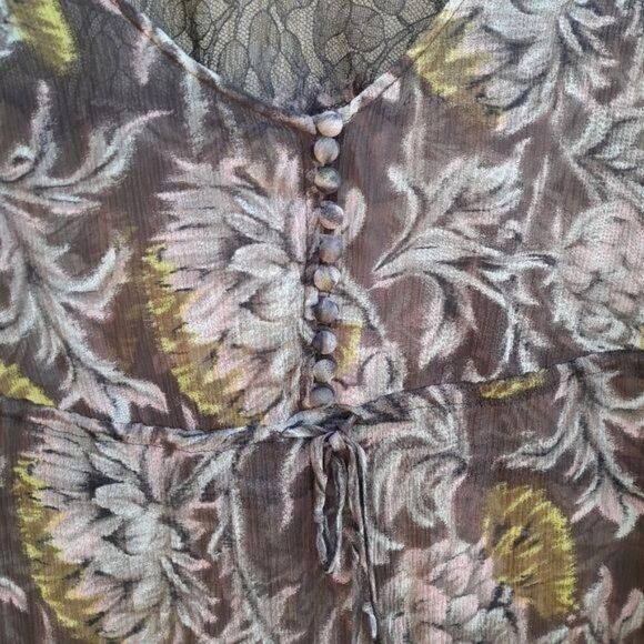 BCBGMaxAzria Top Sheer Silk Botanical Peasant Balloon Sleeve Brown Pink Sz S - Picture 9 of 13